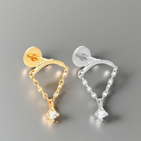 Piercing d'oreille à dos plat en Argent sterling 925 avec chaîne à pampilles en diamant et zircon, simple et tendance, pour cartilage, fiançailles