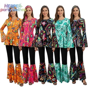 HESPER Ensemble de Costume Vintage Années 70 Disco Imprimé Abstrait Manches Cloche Rétro Hippie Crop Top & Pantalon pour Femme - Thème TV & Cinéma - Product Image 1