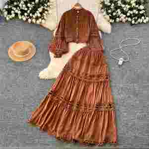 Conjunto Casual de Otoño de 2 Piezas para Mujer, Top Corto con Mangas Farol y Falda de Cintura Alta con Parches de Encaje, Ropa Americana al por Mayor - Product Image 1