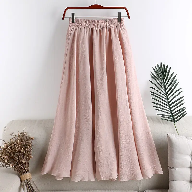 Jupe d'été en coton et lin pour femmes Littéraire Taille haute A-line Loose Medium Long Swing Elastic Waist Women Skirt