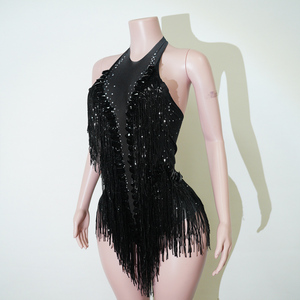 Justaucorps <span class=keywords><strong>Noir</strong></span> Onyx Spandex avec Strass et Franges pour Cabaret, Diva de Scène, Spectacle Burlesque, Performer, Danseuse - Product Image 3