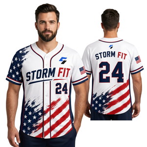 Maillot de baseball personnalisé pour homme, manches courtes, imprimé drapeau américain sublimé, séchage rapide, coupe athlétique, maillot adulte - Product Image 1