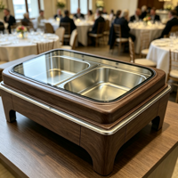 Plat de service réchaud en acier inoxydable de qualité alimentaire, motif grain de bois, avec couvercle en verre trempé, design rétro, grande capacité, pour buffet