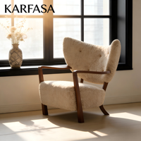 Fauteuil de loisirs en laine de style italien, chaise individuelle vintage en bois massif, fauteuil en laine d'agneau pour salon, balcon, chambre à coucher