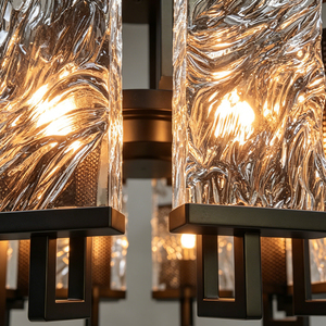 Lustre moderne en métal noir avec abat-jour en verre texturé pour salle à manger et salon - Product Image 2