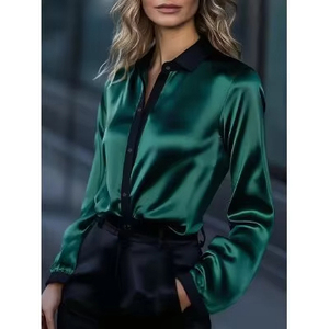 Camisa de manga larga de poliéster satinado con cuello en V y botones para mujer, color liso, estilo otoñal y adorable - ¡Superventas para plataformas independientes! - Product Image 6
