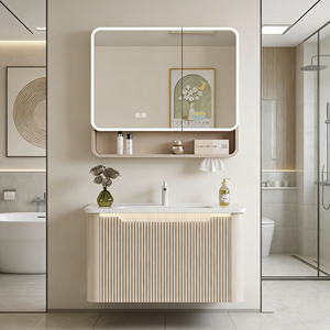 Mobile <span class=keywords><strong>Bagno</strong></span> Moderno Personalizzato a Parete con Finitura Crema, Armadietto a Specchio, Ripiano Aperto <span class=keywords><strong>e</strong></span> Doppie Luci LED per Uso <span class=keywords><strong>Bagno</strong></span> - Product Image 1