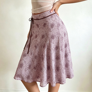 Purple Floral a Line Midi <b>Skirt</b> Breathable <b>Elastic</b> Waist Mesh Detail Bow Tie Casual Flowy for Women - Product Image 3