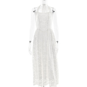 เดรสยาวลูกไม้สีพื้น คอ halter เปิดหลัง รัดเอว ใช้คลุมชุดว่ายน้ำได้ - Product Image 5