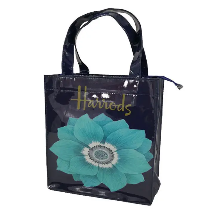 New brand blue flower logo print pvc shopping bag with zipper