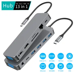 13-in-1 100w Pd 4usb Ports Tf/sd Type C Multiport Adapter With Triple Display 2 Hdmis Vga Gigabit Ethernet Dual Monitor Hub