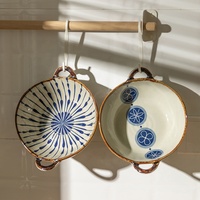 Bol à soupe en céramique anti-brûlure personnalisé de style japonais avec motif floral irrégulier et doubles poignées