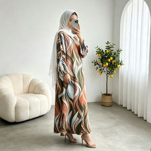 Ensemble Abaya à imprimé abstrait pour femmes, style kimono ouvert, robe musulmane en mousseline avec hijab, vente en gros pour l'Aïd Ramadan - Product Image 5