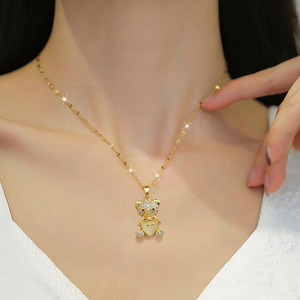 <span class=keywords><strong>Collier</strong></span> en acier inoxydable plaqué or 24 carats, style vintage, avec zircon complet, œil de chat, ours en peluche, élégant et luxueux - Product Image 1