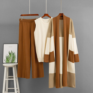 2026 Winter Fashion Daily Wear Loose Cardigan Woven Knitted Three-Piece Set Vest Wide-Leg Pants Knee England Style Casual Lazy - Product Image 1