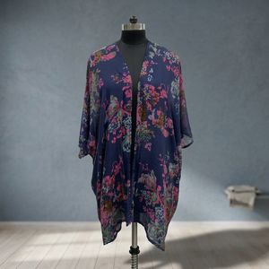 Floral Print Chiffon Kimono <b>Boho</b> Loose V-Neck Batwing Sleeve Asymmetrical Hem <b>Summer</b> Casual <b>Dress</b> - Product Image 3