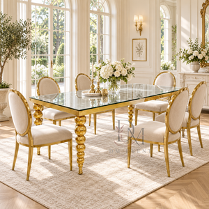 Table de banquet rectangulaire en verre miroir en acier inoxydable doré de qualité supérieure avec pieds tournés perlés pour événements de mariage – Vente en gros - Product Image 4