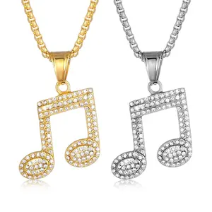 Vacuum Plating bling rhinestone with hip hop stainless steel musical note pendant necklace