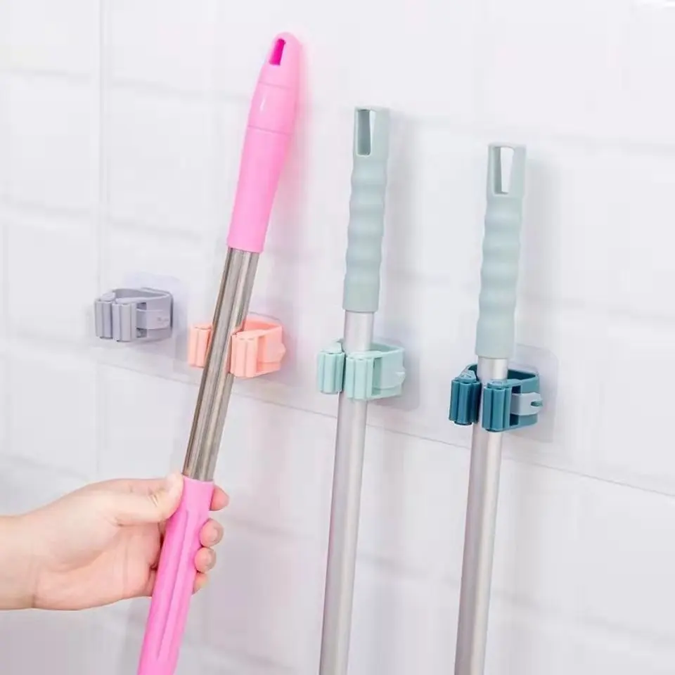 Hot selling Wall mounted Storage Mop Hook broom holder plastic mop holder Bathroom Adhesive mop Clip Organizer Holder