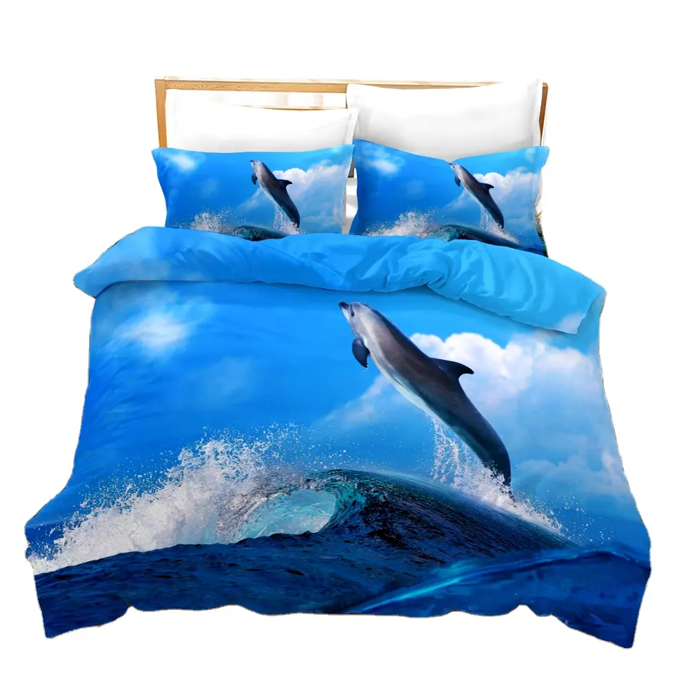 3D channel bedding set DOLPHIN 1 custom printed duvet cover factory supply bed sheets king size