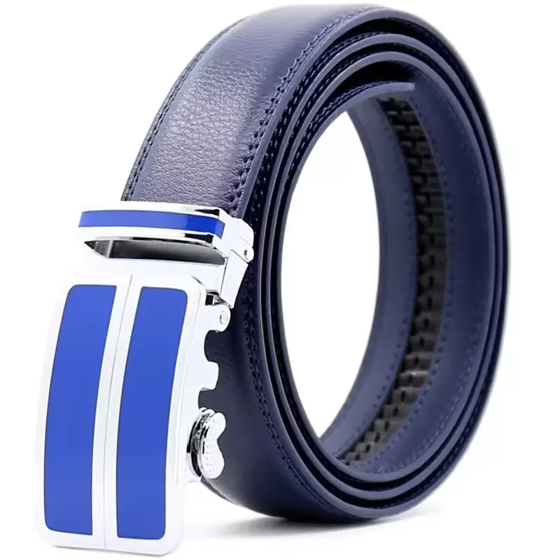 Luxe Koe Huid Blauwe Lederen Riem Riem Automatische Legering Gesp Echt Lederen Riemen Voor Mannen