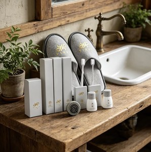 Kit d'articles de toilette jetables personnalisables avec logo pour hôtels, vente en gros, pantoufles, shampoing, gel douche, savon, articles de bienvenue - Product Image 4
