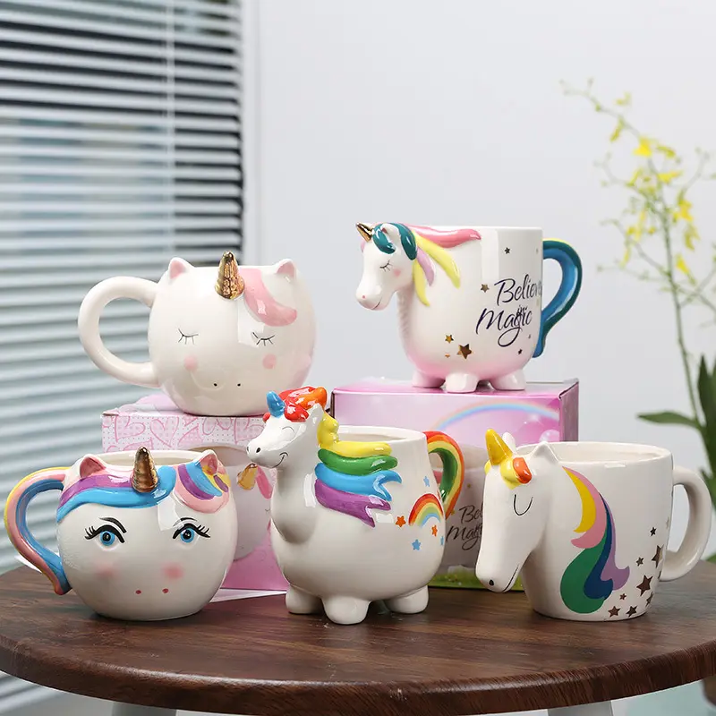 Mug keramik hewan Unicorn lukisan tangan, dengan pegangan untuk anak-anak teman, cangkir Unicorn pelangi porselen lucu berbentuk 3D