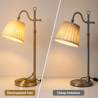 Lampe de table, lampe de bureau, hauteur réglable, abat-jour en tissu plissé, fer électroplaqué, laiton, E27, style vintage, chambre à coucher, bureau, lecture