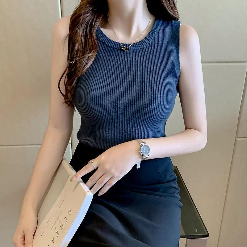 2024 Women's Summer Fashion O-Neck Sleeveless Solid Color Ribbed Knit Vest Anti-Shrink Sustainable Casual Lady Tank Top