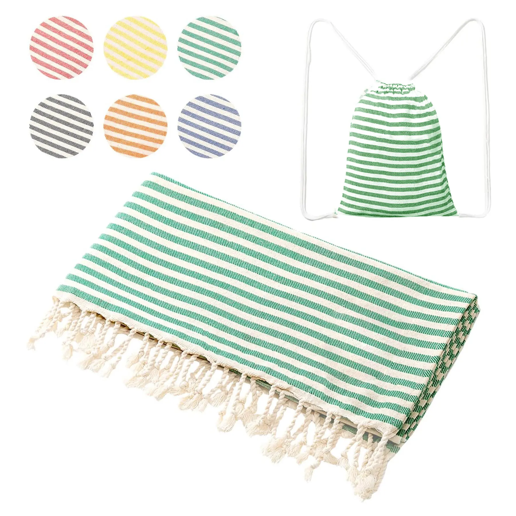 Ready To Ship printed fouta hammam stripe beach turkish cotton fringed linen beach towel with travel bag