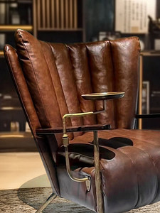 Sillón Individual de Cuero Genuino Vintage: Oficina, Bar, Exterior, Cómodo, Estilo de Mediados de Siglo, Sillón para Cigarros - Product Image 4
