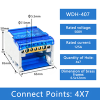 Bloque de terminales aislado modular unipolar WDH 407 para montaje en panel con barra colectora de tornillo, 500V/125A, para riel DIN, de distribución de energía.
