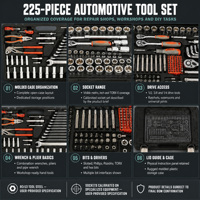 Ensemble complet de 225 outils en acier au chrome-vanadium avec coffret rigide pour la réparation automobile professionnelle, certifié CE