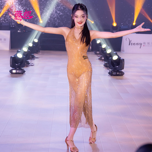 Vennystyle Mới Nhất Thời Trang Màu Đỏ Latin Khiêu Vũ Ăn Mặc Womens Latin Vũ Công Dresses Tiên Tiến Hoa Thiết Kế Cạnh Tranh Kim Cương Ăn Mặc - Product Image 2