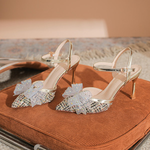Heeled <b>Sandals</b> Pointed Toe Stiletto Heel High Heel Mixed Colors <b>Bow</b> Decoration Fashion Trend Women's Shoes - Product Image 1