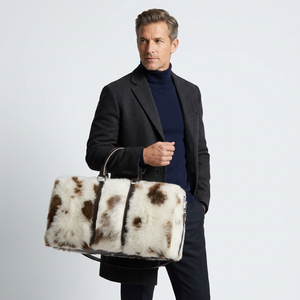 Unisex Rectangular Cowhide Leather Eco-Friendly Lightweight Duffle Bag White Brown Spot Pattern Top Handle Zipper Closure Travel - Product Image 1