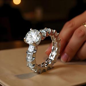 خاتم خطوبة فاخر مضاد للصدأ بقطع دائري من الزركون المكعب، خاتم مطلي بالبلاتين مع حجر زركون مكعب مربع الشكل للنساء، خاتم زفاف للعروس - Product Image 6