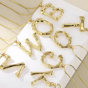 Gepersonaliseerde Metalen Bamboe Sectie Goud 26 Letters Alfabet Ketting Voor Dames Mode Accessoires