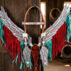 Selle anglaise légère en cuir de vachette de créateur, modèle Angel, pour têtière et collier de poitrage, avec conchos brillants et accents rose, rouge et blanc - Product Image 3