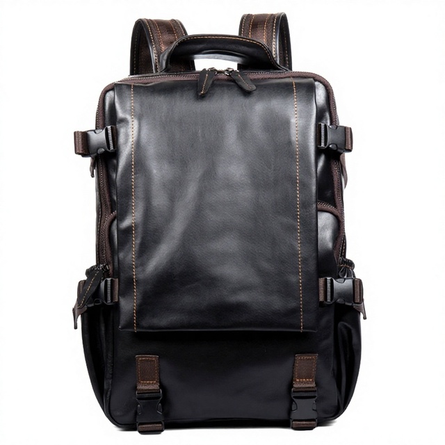 Men's Fashionable Large Capacity Genuine Leather Backpack with Zipper Closure Polyester Lining Travel and Laptop Bag