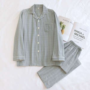 PJ-049 Pijama de Gasa a Cuadros para Hombre, Manga Larga, Algodón Puro, Ropa de Dormir, Estilo Primavera-Otoño, Tejido Fino, Conjunto de 2 Piezas - Product Image 1