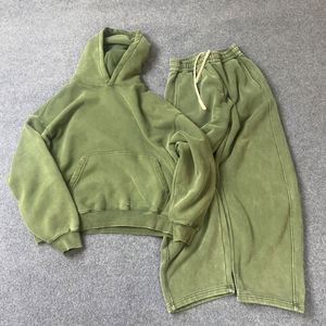 Ensemble de survêtement homme 450 g/m² délavé à l'acide minéral, style vintage usé, comprenant un sweat à capuche coupe ample et un pantalon de survêtement à bords effilochés, ensemble streetwear personnalisé - Product Image 1