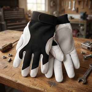 Gants de travail en cuir blancs et noirs avec poignet élastique, bouts des doigts texturés antidérapants, gants de sécurité polyvalents - Product Image 2