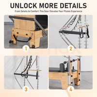 Reformer Pilates Portable en Bois de Chêne Réglable avec Demi-Tourneuse et Trapèze, Équipement Professionnel pour Studio de Yoga, Machine Cadillac