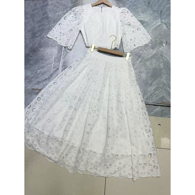 Factory Wholesale 2 Pieces Set Women Spring Summer Flower Embroidery Short Sleeve Top+ Midi Shirt Elegant Party Suit Set