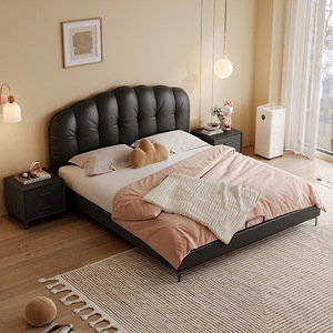 Letto Matrimoniale in Pelle Nera Stile Crema, Moderno Minimalista, per Camera da Letto Padronale, 18m, con Contenitore Imbottito in Legno Massello - Product Image 3