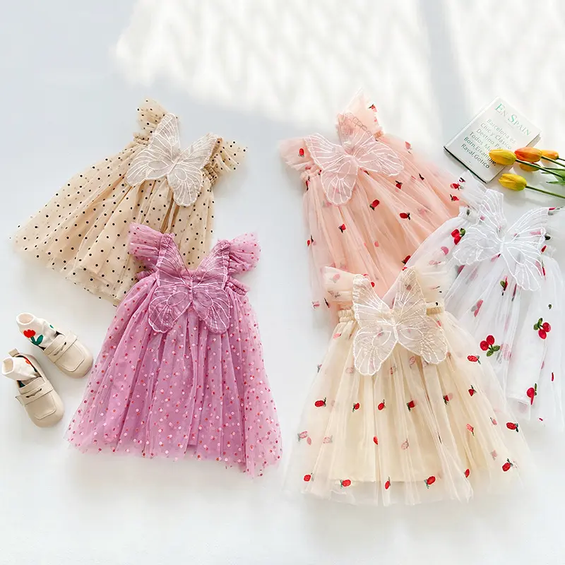 Ins Embroidery Tutu Dresses For Girls Kids Butterfly Wings Lace Summer Baby Girl Party Dress
