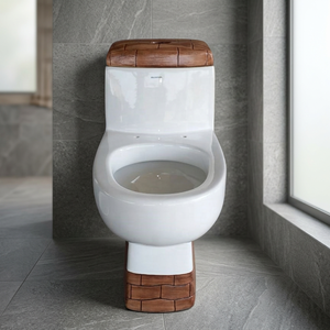 Conjunto de Lavabo de Cerámica Moderno de Diseño Bicolor Blanco con Pedestal de Madera y Inodoro de Una Pieza con Sifón - Product Image 5