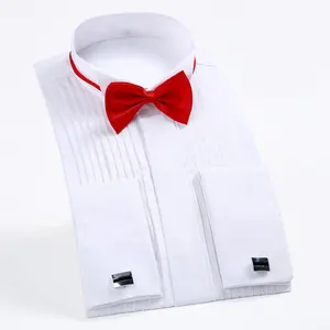 Erkek kanat ucu yaka elbise gömlek beyaz kırmızı fransız manşet düğmesi erkekler düğün gömlek iş resmi parti smokin elbise gömlek
