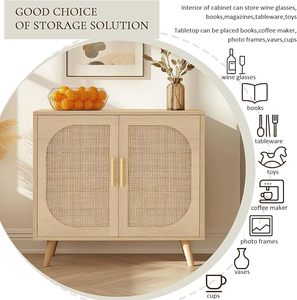 Étagère réglable en pin recyclé Armoire <span class=keywords><strong>de</strong></span> <span class=keywords><strong>rangement</strong></span> en rotin à 2 portes <span class=keywords><strong>Buffet</strong></span> <span class=keywords><strong>de</strong></span> bar à café en bois naturel pour le salon - Product Image 3